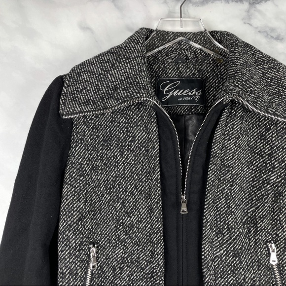 Guess Wool Blend Tweed Moto Zip Pleated Midi Pea Coat Retro Y2K Black Grey M - Picture 2 of 8